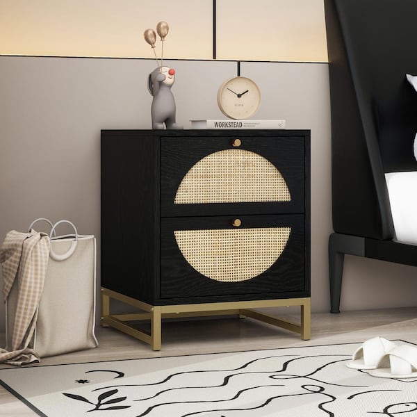 sumyeg Black 2 Drawer Nightstand 15.75 in. W for Bedroom, Living room