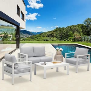 4-Piece Aluminum Patio Conversation Set with Coffee Table, Outdoor Modular Sectional Sofa Furniture Set, White Cushions