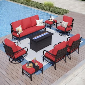 Metal 9 Seat 8-Piece Outdoor Patio Conversation Set with Red Cushions Swivel Chairs Rectangular Fire Pit Table