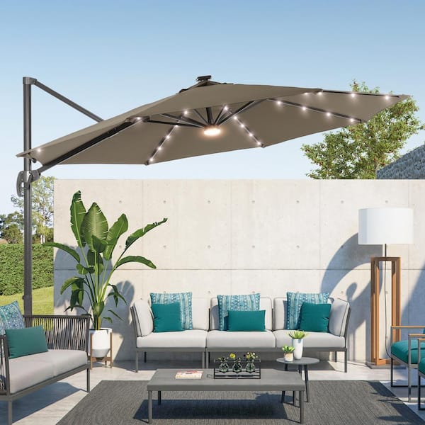 Sonkuki 11 ft. LED Premium Cantilever Patio Umbrella - Outdoor Comfort with 360° Rotation and Canopy Angle Adjustment, Taup