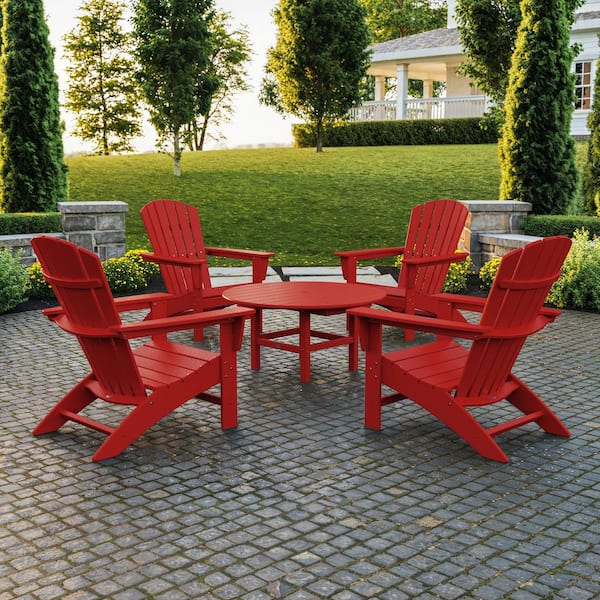 POLYWOOD Grant Park Sunset Red 5-Piece Plastic Traditional Curveback Adirondack Patio Conversation Set