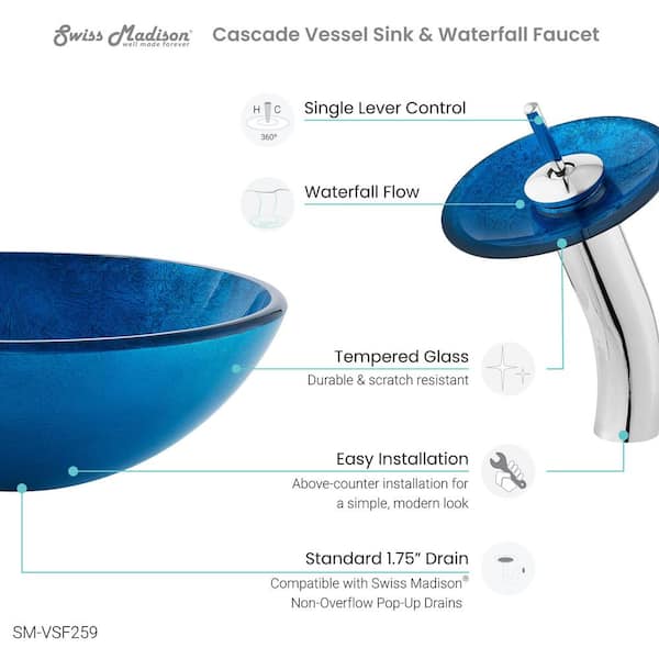 Cascade Ocean Blue Glass Round Vessel Sink with Faucet