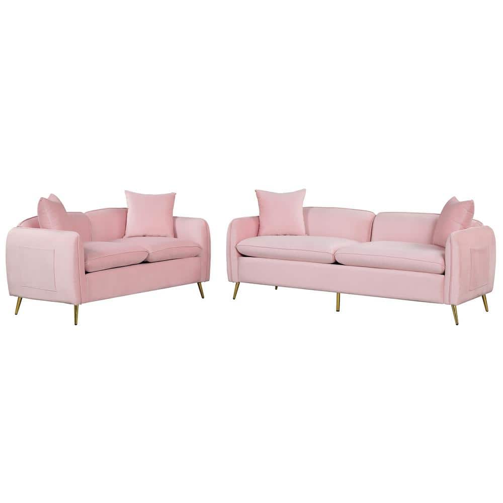 Pink-23 Upholstered Velvet 5-Seat 2-Piece Loveseat Set with Pillows