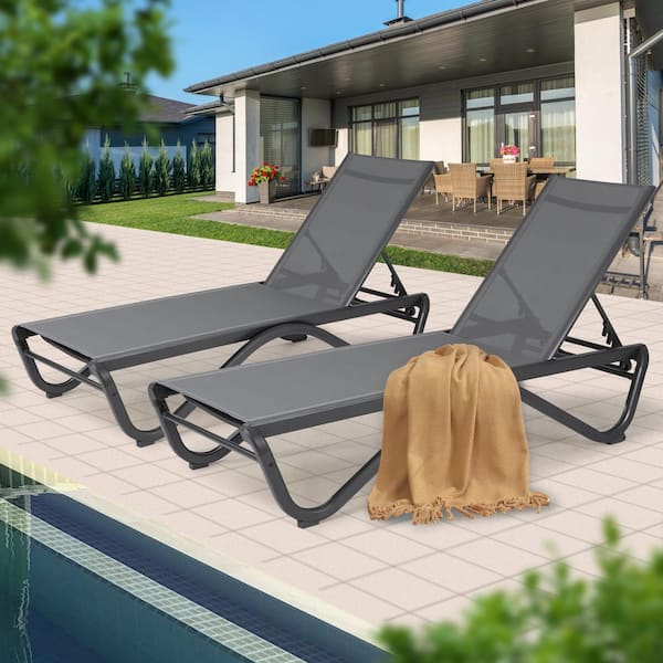 KOZYARD 2 Pack Sturdy Aluminum Outdoor Chaise Lounge-Adjustable Reclining Sunbathing Chair with Full Flat Design (Gray)
