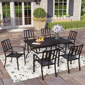Black 7-Piece Metal Outdoor Patio Dining Set with Slat Rectangle Table and Modern Stackable Chairs