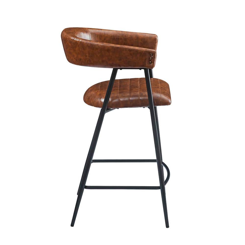 Brown Leather and Iron Frame Counter Stools, Set of 2