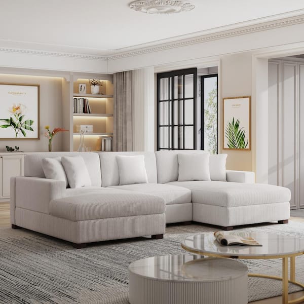 118 in. Square Arm 3-Piece Corduroy Upholstered U-Shaped Sectional Sofa in. Beige