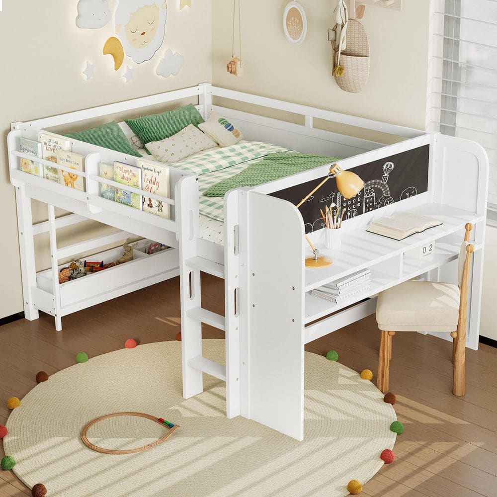 Light White Full Wood Loft Bed with Multi-Storage Bookcases,desk and Blackboard