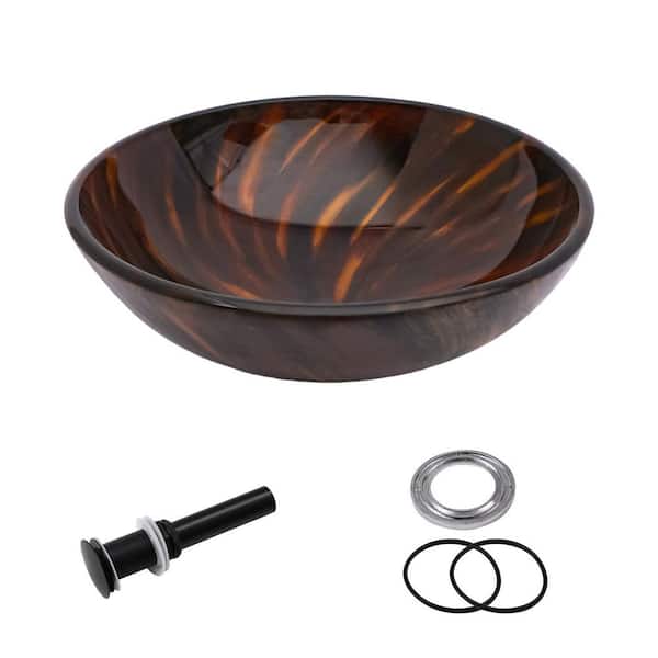 16.54 in. W x 16.54 in. D Above Countertop Round Bathroom Glass Vessel Sink Lavatory Art Basin with Drainer in Dark Gold