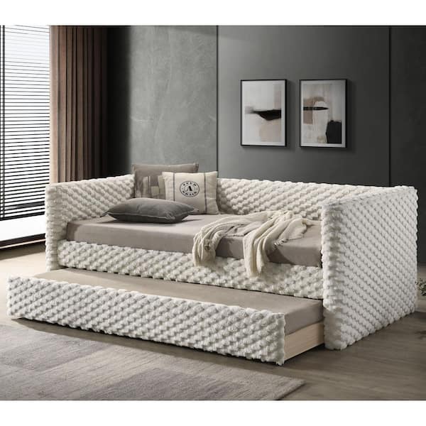 Gargen White Twin Fully Upholstered Daybed with Roller Slat Trundle