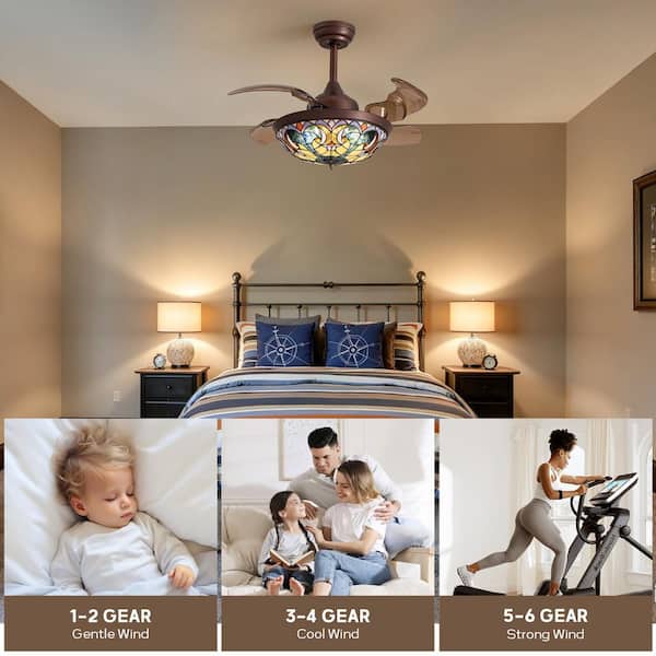 36 in. Indoor Smart Integrated LED Brown Retractable Ceiling Fan with Light and Remote Included Tiffany Glass Shade