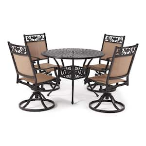 Classic Dark Brown 5-Piece Cast Aluminum Outdoor Dining Set with Round Table and Swivel Dining Chairs