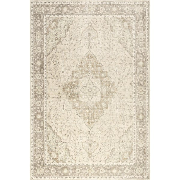 8 ft. x 10 ft. Beige Spindle Medallion Wool and Cotton Khaki Indoor/Outdoor Patio Rug