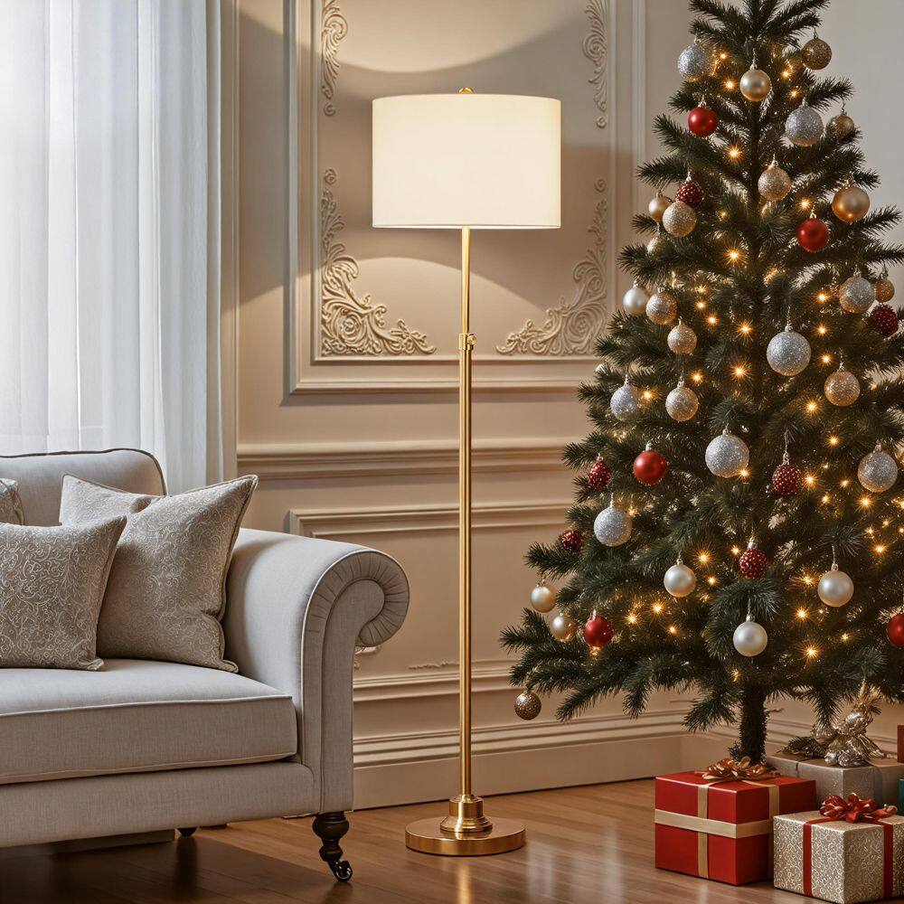 63.5 in. Antique Brass Adjustable Standard Floor Lamp with White Linen Shade price history on PriceWatchPro