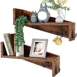 13.98 in. W x 6.18 in. D Rustic Wood Wall Shelf with Coat Hooks, Decorative Wall Shelf, Set of 2, Brown