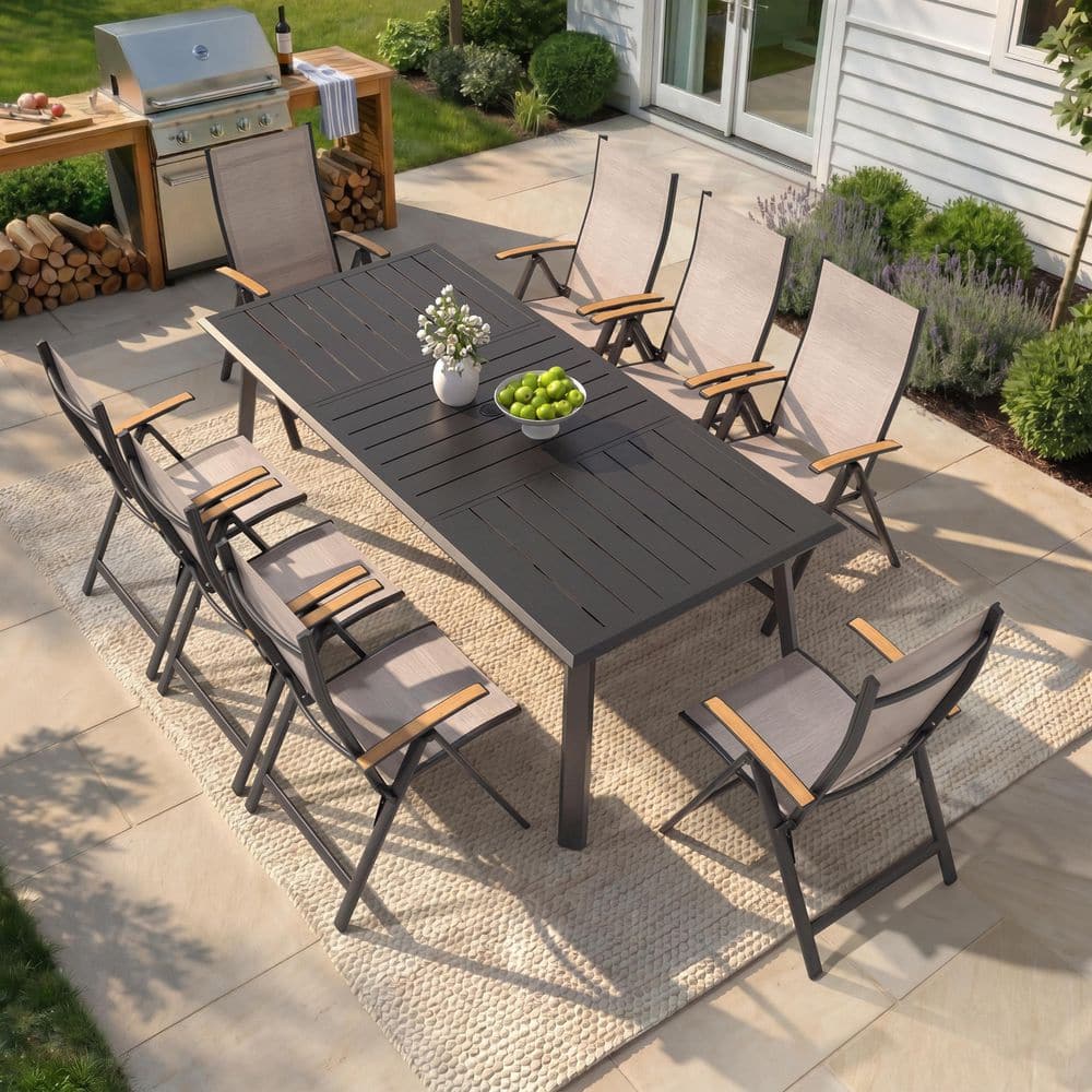 9-Piece Aluminum Outdoor Dining Set 82.7 in. Table with Umbrella Hole Espresso Folding Chairs with Adjustable Backrest price history on PriceWatchPro