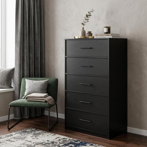 23 in. Black Fabric Wood and Steel 5-Drawer Lingerie Chest Dresser