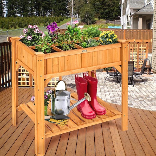 36 in. L x 24 in. W x 36 in. H Natural Fir Wood Rectangular Raised Bed Elevated Planter Box with Shelf and Liner