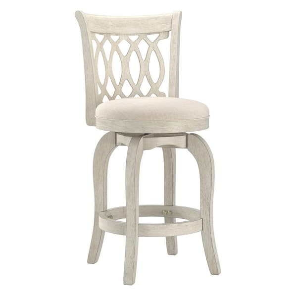 HomeSullivan 24.75 in. Antique White Finish Beige Linen Scroll Back Wood Frame Swivel Counter Stool