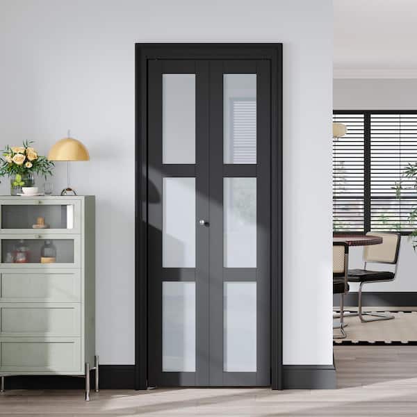 32 in. x 80 in. 3-Lite Frosted Glass Black Finished Solid Core MDF Bi-fold Door with Hardware Kit