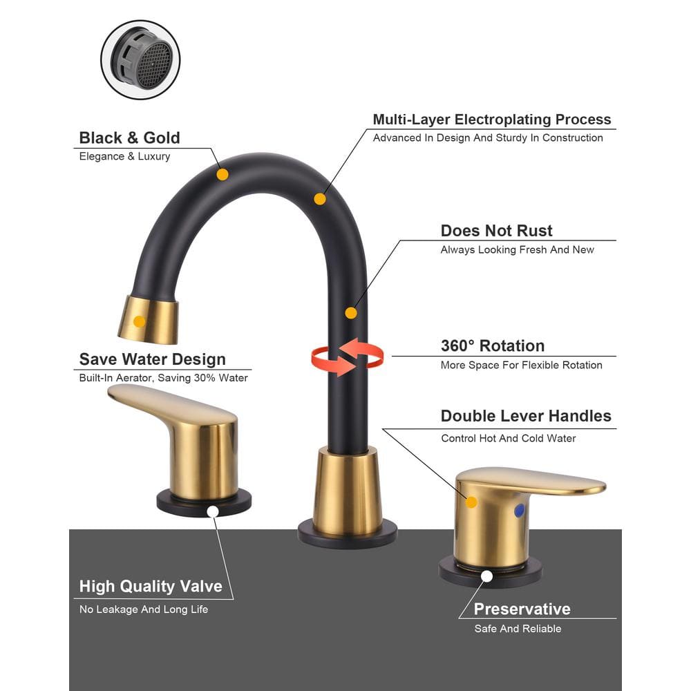 Matte Black and Gold Widespread Bathroom Faucet with High Arc Spout