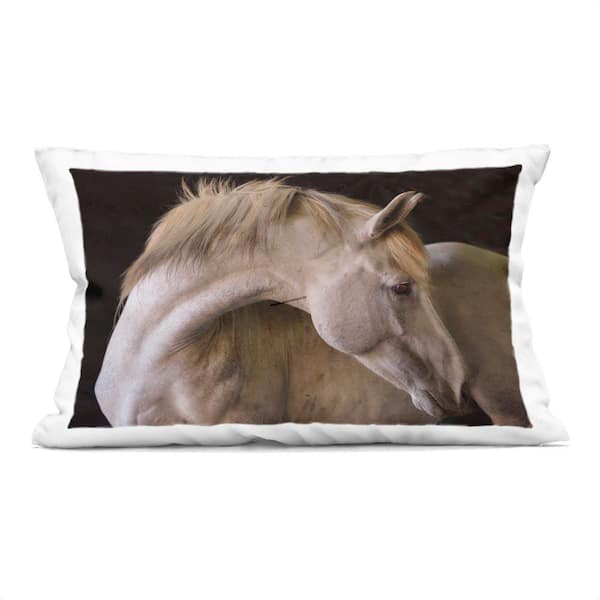 White Beauty Horse Portrait Black Print Zipper Polyester 14 in. x 20 in. Throw Pillow