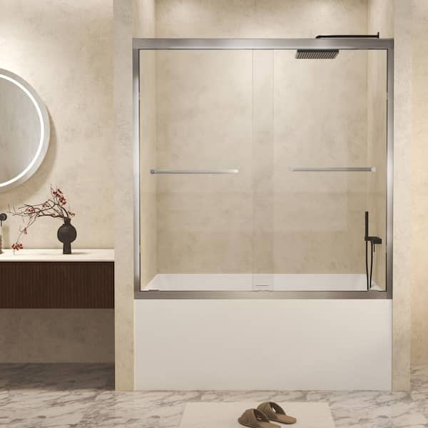 56-60 in. W x 60 in. H Sliding Framed Tub Door in Brushed Nickel Finish with Clear Tempered Glass