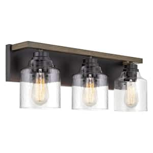 Caspian 23 in. 3-Lights Black with Russet Oak Wood Style Farmhouse Bathroom Vanity Light