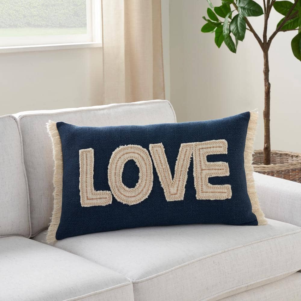 Navy Cotton Love Applique Beaded Lumbar Pillow 14" x 24"