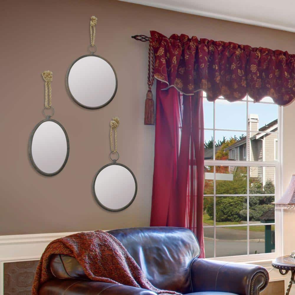 Oval Silver Metal Wall Mirror with Rope Hanging Loop