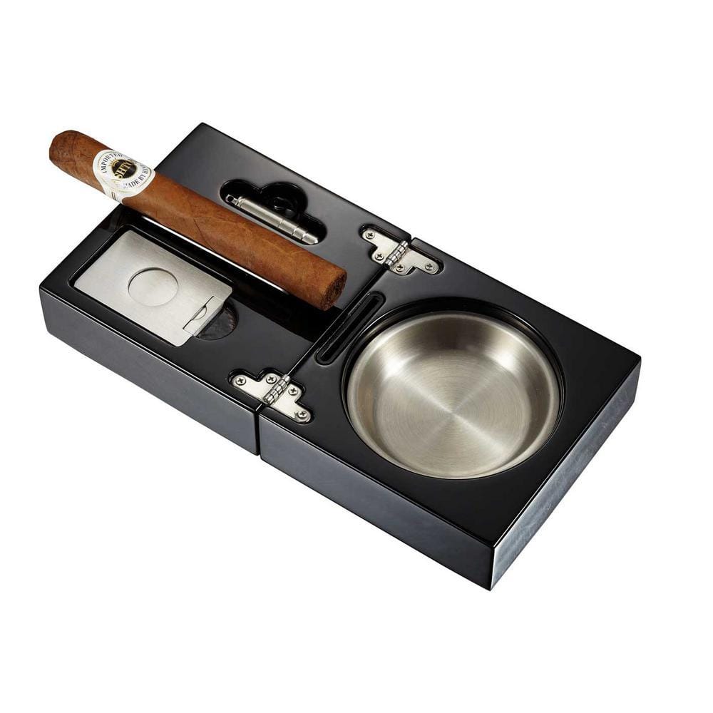 Visol Bremen Black Lacquer Folding Cigar Ashtray with Cutter and