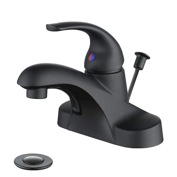 WOWOW 4 in. Centerset Single-Handle Low Arc Bathroom Faucet with Drain Kit Included in Matte Black