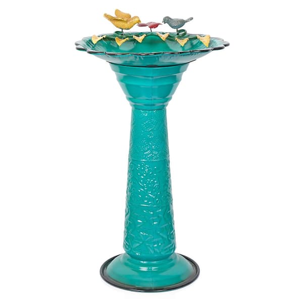 Alpine Corporation ORS112GN Vintage Metal Pedestal Birdbath with Stand Shallow Bird Bath Bowl for Outside 28 in. H Green