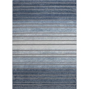 Malaga Bauer Vintage Modern Striped Blue 5 ft. 3 in. x 7 ft. 3 in. High-Low Area Rug