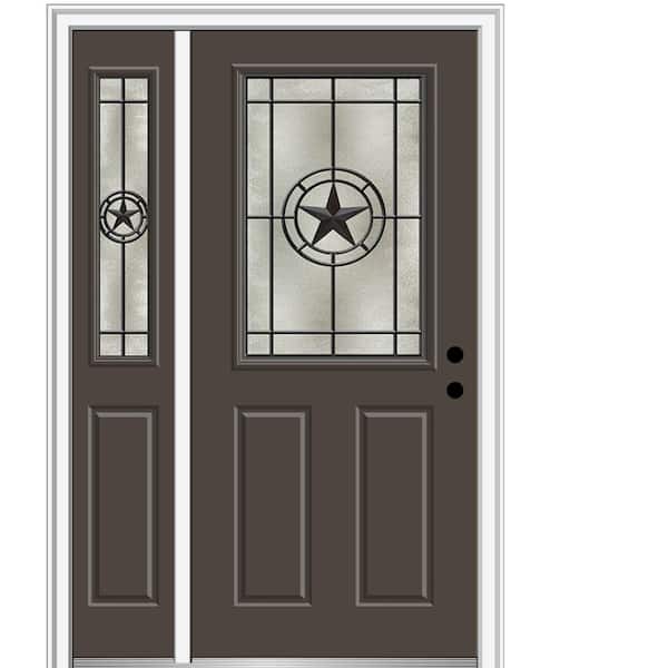 MMI Door Elegant Star 48 in. x 80 in. Left-Hand Inswing 1/2 Lite Decorative Glass Brown Painted Fiberglass Prehung Front Door