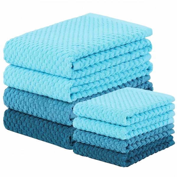 Ocean Blue 100% Cotton Kitchen Towels and Dishcloths, 8-Piece Set with Hanging Rings, 16 x 25 in Towels