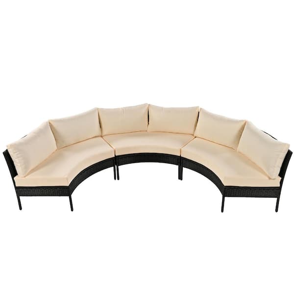 Unbranded 3-Piece Curved Wicker Outdoor Patio All Weather Sectional Sofa Furniture Set Conversation Set with Beige Cushions