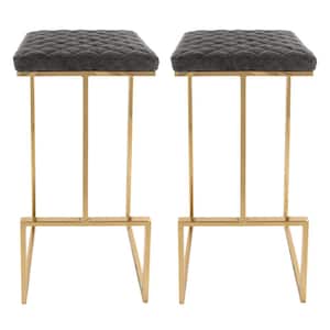 Quincy 29 in. Quilted Stitched Leather Gold Metal Bar Stool with Footrest Set of 2 in Grey