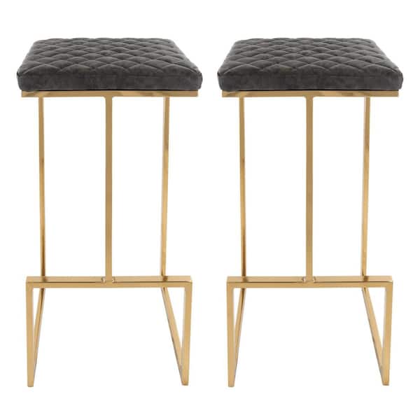 Leisuremod Quincy 29 in. Quilted Stitched Leather Gold Metal Bar Stool with Footrest Set of 2 in Grey