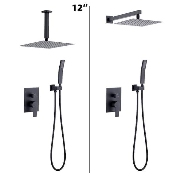 YASINU Single Handle 1-Spray 12 in. Square Shower Faucet with Handheld Shower in Matte Black (Valve Included)