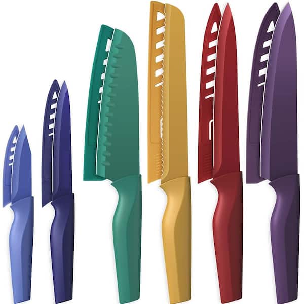 12-Piece Stainless Steel Color-Coded Kitchen Knives Set, 6 Color Anti-Rust Coating Knife Sets with 6 Blade Guards