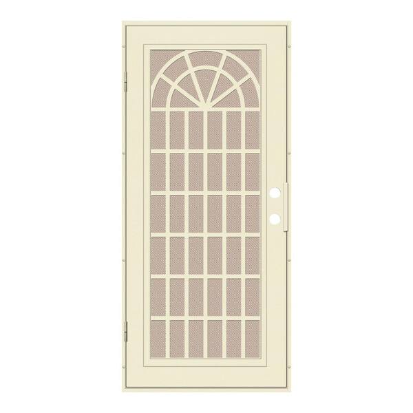 Unique Home Designs 30 in. x 80 in. Trellis Beige Hammer Right-Hand Surface Mount Security Door with Desert Sand Perforated Metal Screen