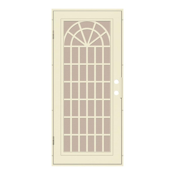 Unique Home Designs 32 in. x 80 in. Trellis Beige Hammer Right-Hand Surface Mount Security Door with Desert Sand Perforated Metal Screen