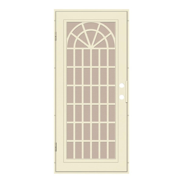 Unique Home Designs Trellis 30 in. x 80 in. Right Hand/Outswing Beige Aluminum Security Door with Desert Sand Perforated Metal Screen