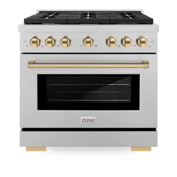 ZLINE Kitchen and Bath Autograph 36 in. Paramount Gas Range with 6 Burners and Convection Gas Oven in Satin Steel and Polished Gold Accents
