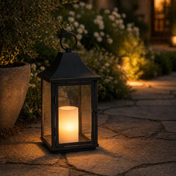 ALOA DECOR H14'' Outdoor Solar Lantern with Flickering LED Candle