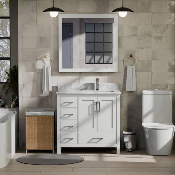 Jacques 36 in. W x 22 in. D Right Offset White Bath Vanity and Carrara Marble Top