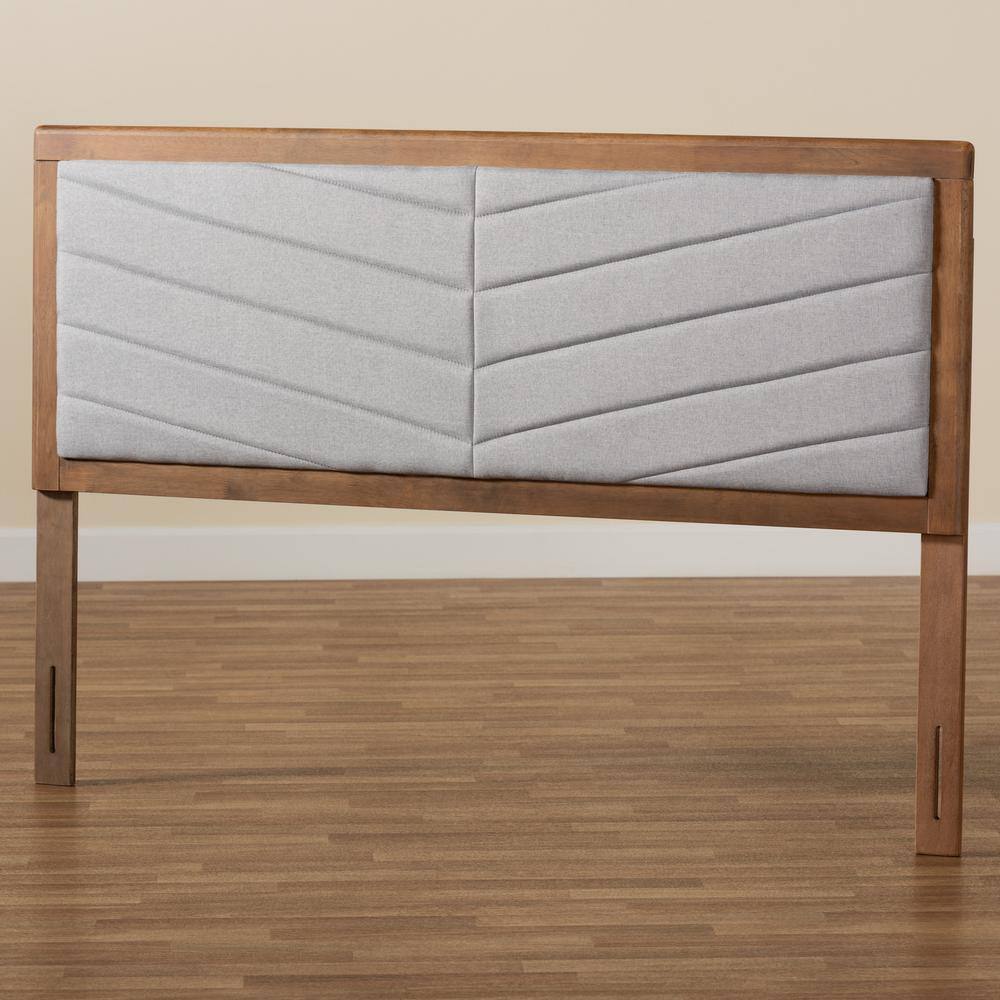 Light Grey Chevron Tufted Fabric and Walnut Wood Full Headboard