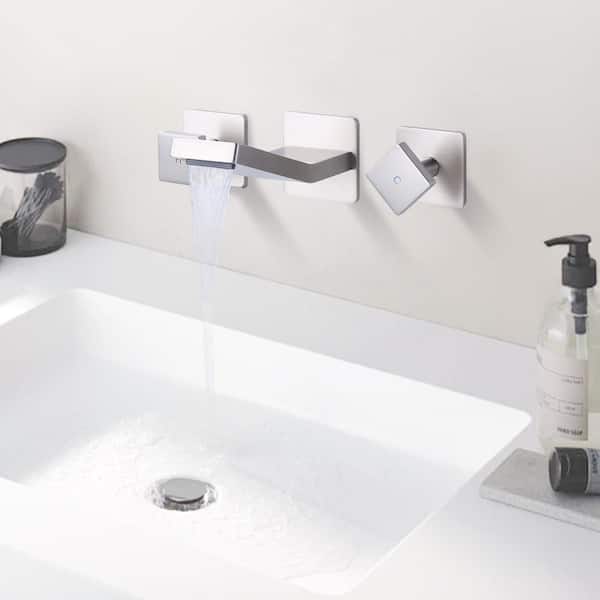 Double Handle Wall Mounted Bathroom Faucet with with Rough in Valve and Knob Handle in Brushed Nickel