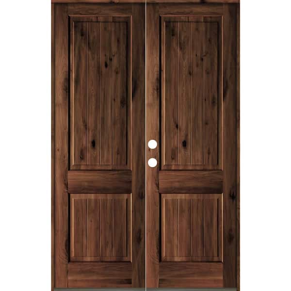 60 in. x 80 in. Rustic Knotty Alder Square Top Red Mahogony Stain/V-Groove Right-Hand Wood Double Prehung Front Door